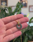 Baikalla Natural Icy Deep Blue-Green Jadeite Jade "Ping An Kou" (Good Luck Button) Pendant W/ 18ky Gold Bail & Natural Diamonds