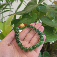 Baikalla Natural Green Nephrite Jade Round Beads Bracelet with 24K Pure Yellow Gold Money Beads ( 9.5 mm )