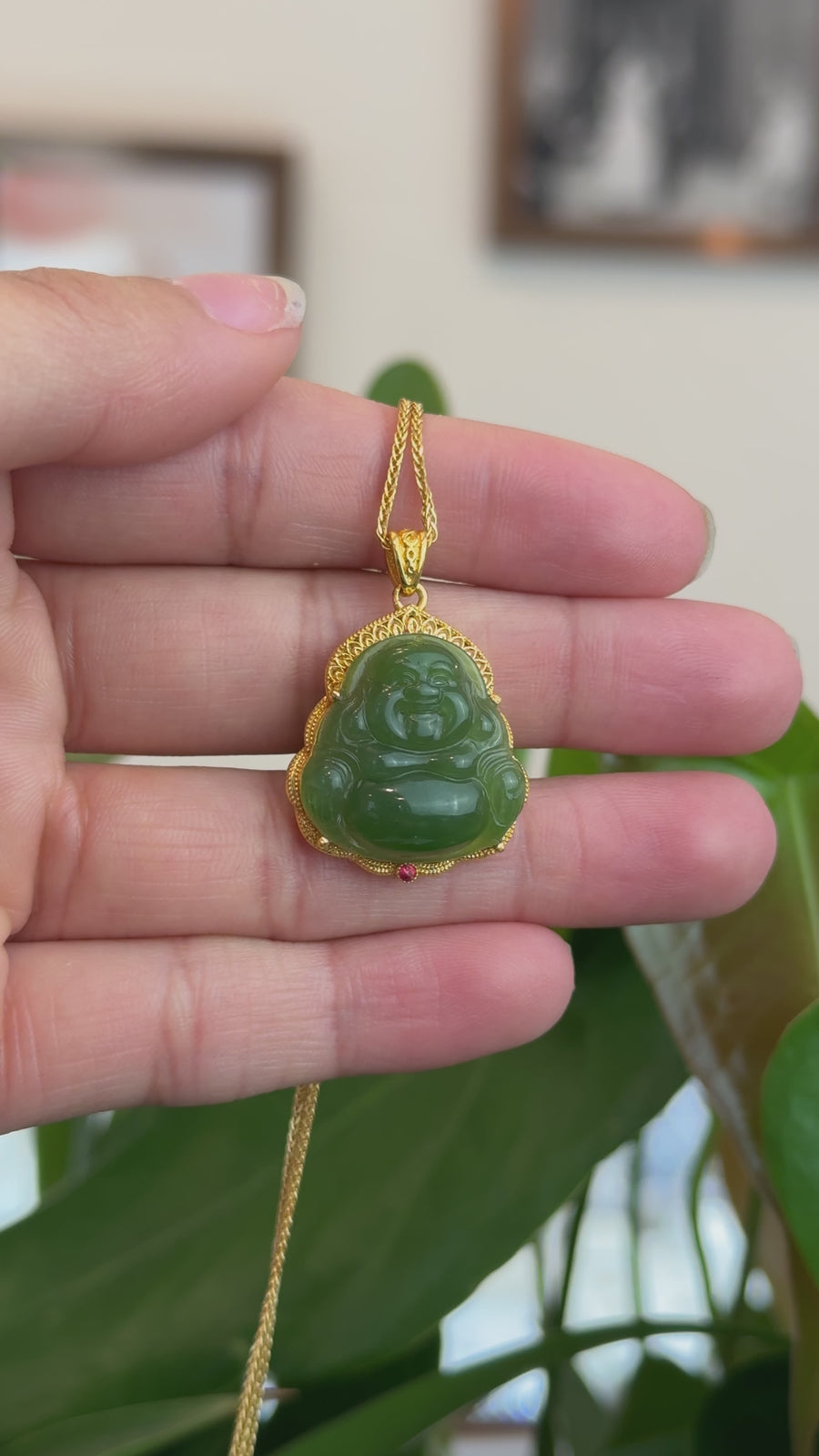 Baikalla™ "Laughing Buddha" 24k Yellow Gold Nephrite Jade Necklace Pendant