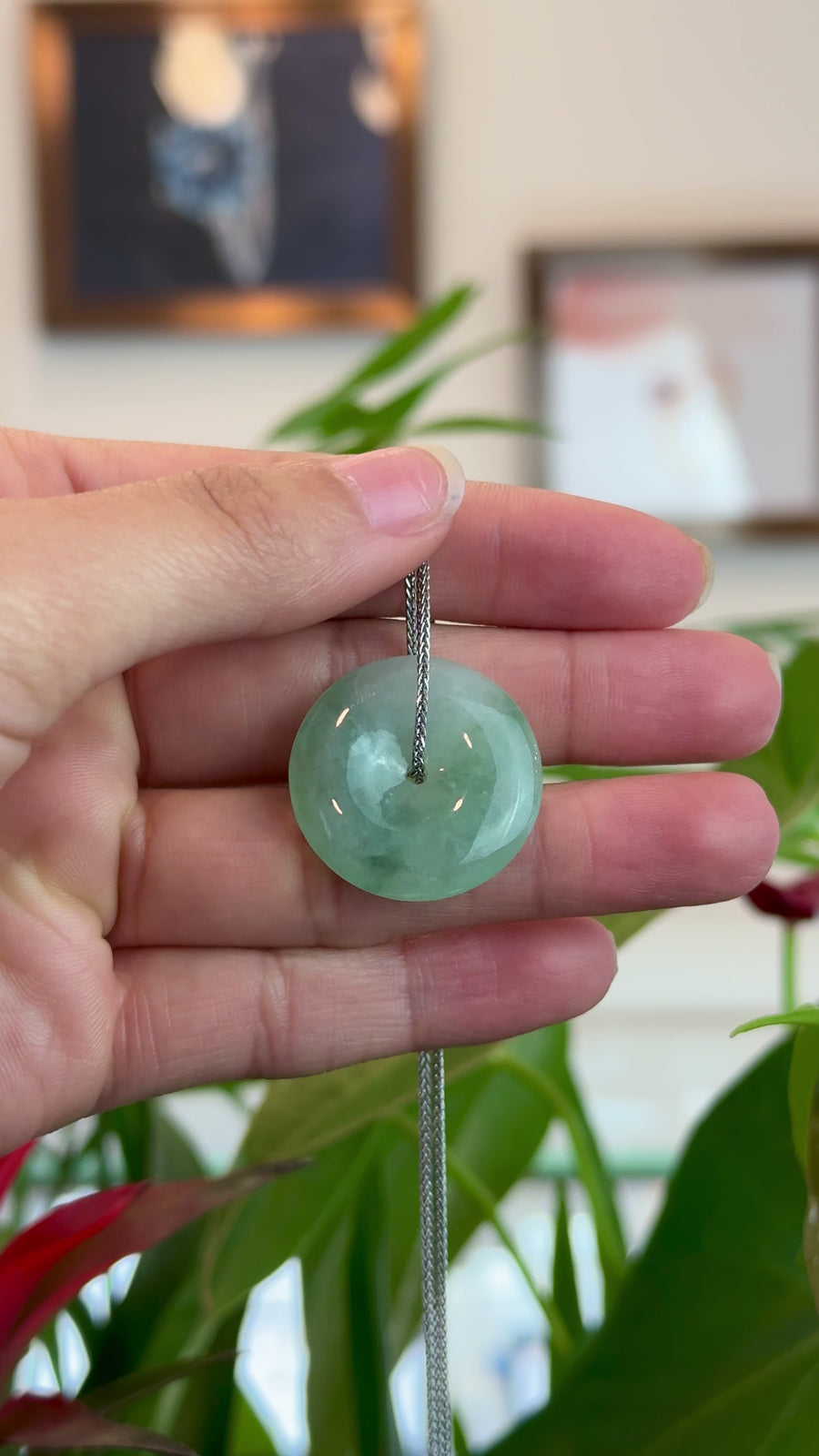 "Good Luck Button" Necklace Ice Green Jadeite Jade Pendant Necklace