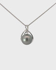 18k White Gold Round Black Tahitian South Sea Cultured Pearl & Diamond Michelle Pendant Necklace for Women in AAA Quality