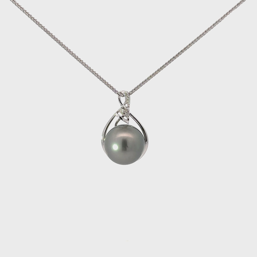 18k White Gold Round Black Tahitian South Sea Cultured Pearl & Diamond Michelle Pendant Necklace for Women in AAA Quality
