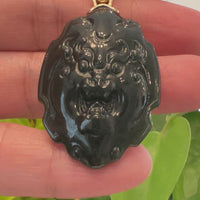 Baikalla™ 14K Yellow Gold Genuine Nephrite Black Jade " Fu Dog " Pendant Necklace With Diamond Gold Bail