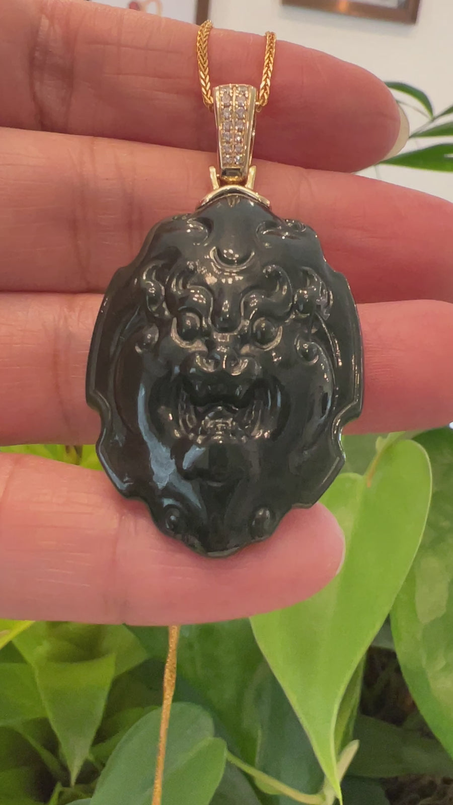 Baikalla™ 14K Yellow Gold Genuine Nephrite Black Jade " Fu Dog " Pendant Necklace With Diamond Gold Bail