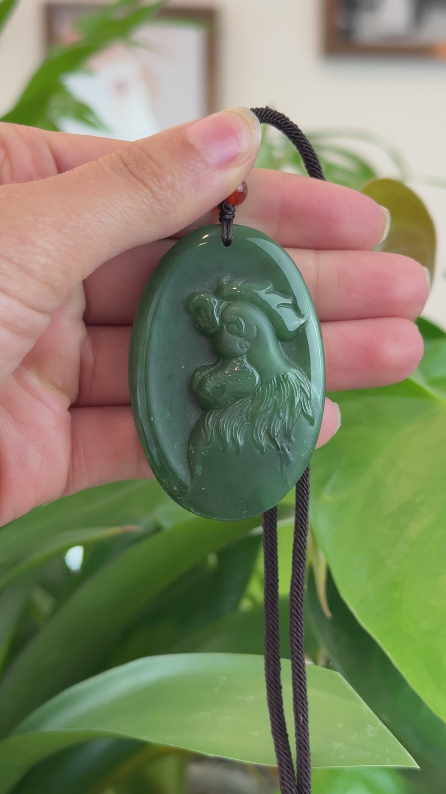 Natural Jade 12 Zodiac: Nephrite Jade Rooster Pendant Necklace in Deep Green