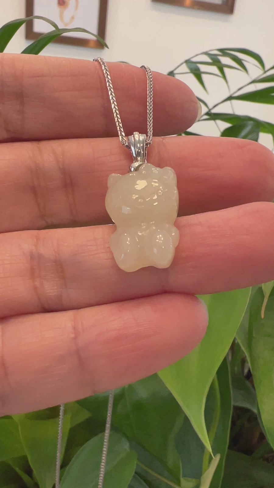 Baikalla "Lucky Kitten" White Nephrite Jade Pendant Necklace With Silver Bail