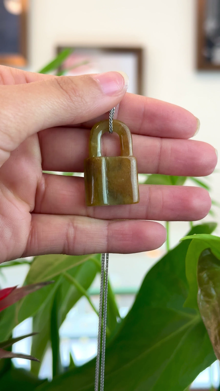 Baikalla Yellow and Green Jadeite Jade Lock Necklace Pendant For Men
