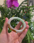 Baikalla Icy Apple-Green & White W/ Yellow-Brown Patches "Traditional Round" Jadeite Jade Bangle Bracelet (54.3mm) 