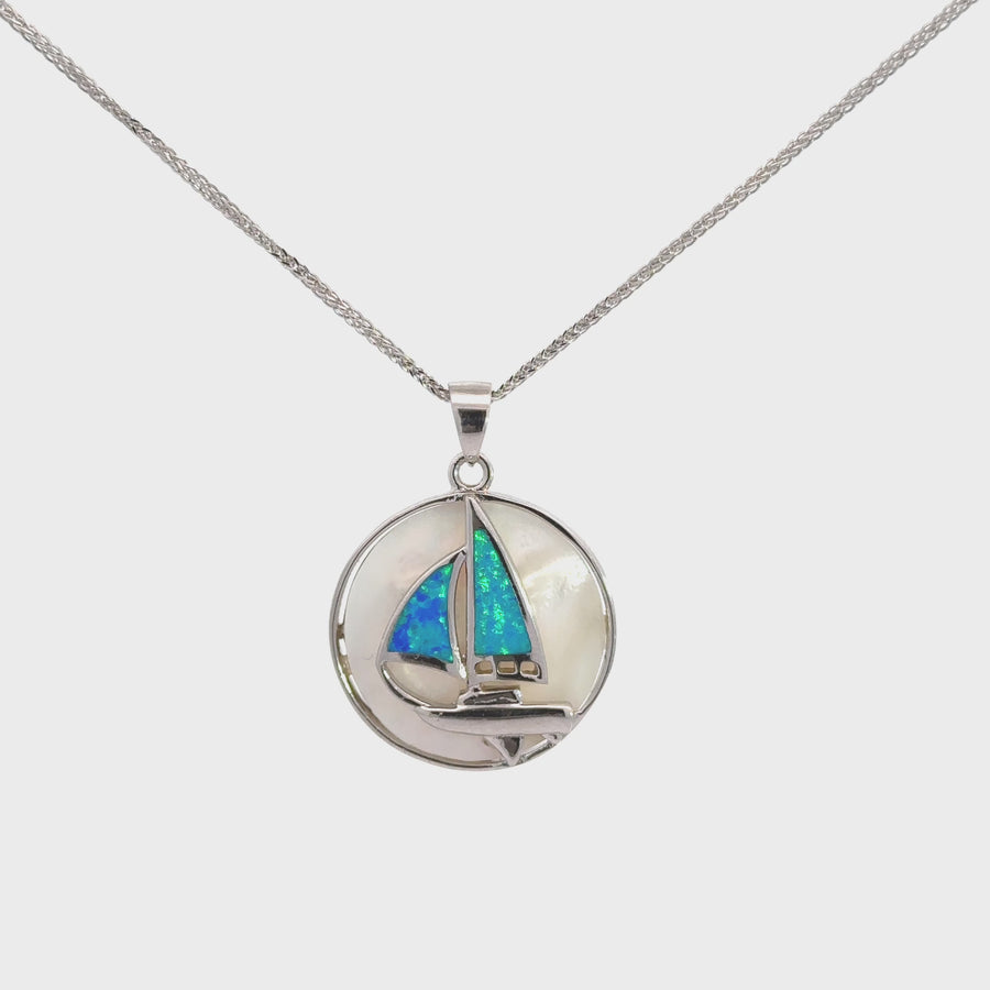 Baikalla Sterling Silver Lab-Created Blue Opal Sailboat Bezel Pendant Necklace