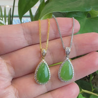 14K Gold "Classic Tear Drop" Green Apple Green Nephrite Jade VS1 Diamond Setting Pendant Necklace