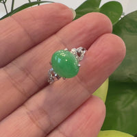 18k White Gold Natural Imperial Green Jadeite Jade Engagement Ring With Diamonds