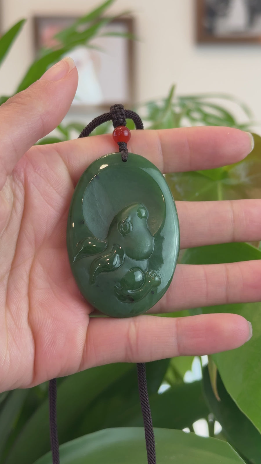 Natural Jade 12 Zodiac: Nephrite Jade Rabbit Pendant Necklace in Deep Green