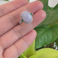 14k White Gold Natural Rich Lavender Oval Jadeite Jade Engagement Ring With Diamonds