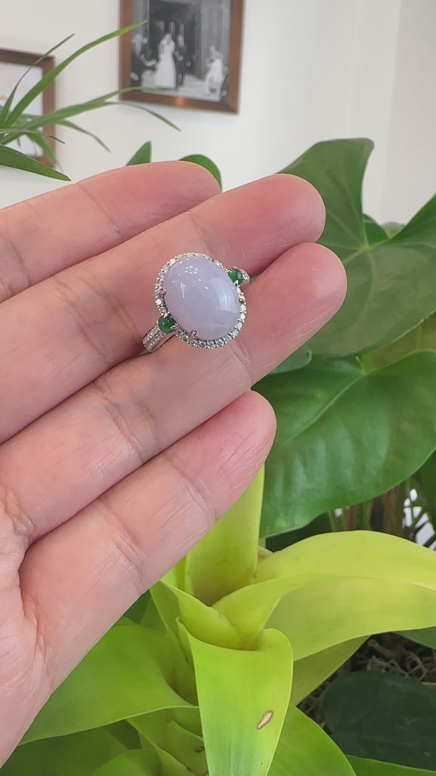 14k White Gold Natural Rich Lavender Oval Jadeite Jade Engagement Ring With Diamonds