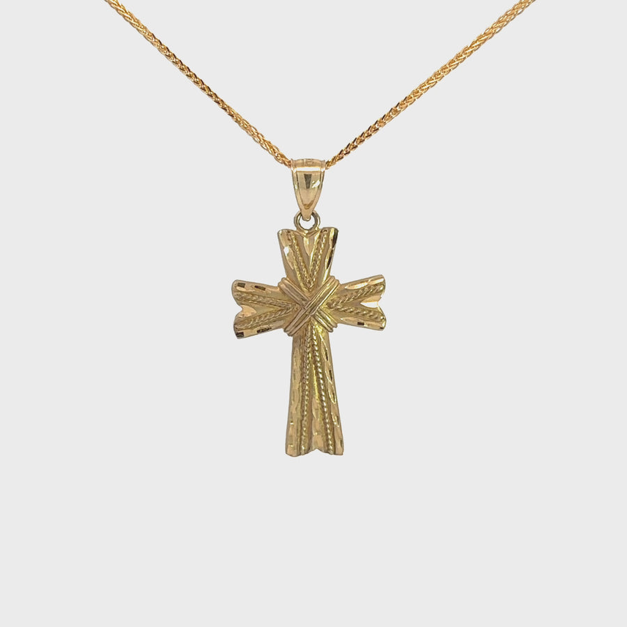14k Yellow Gold Diamond Cut Fancy Cross Pendant Necklace