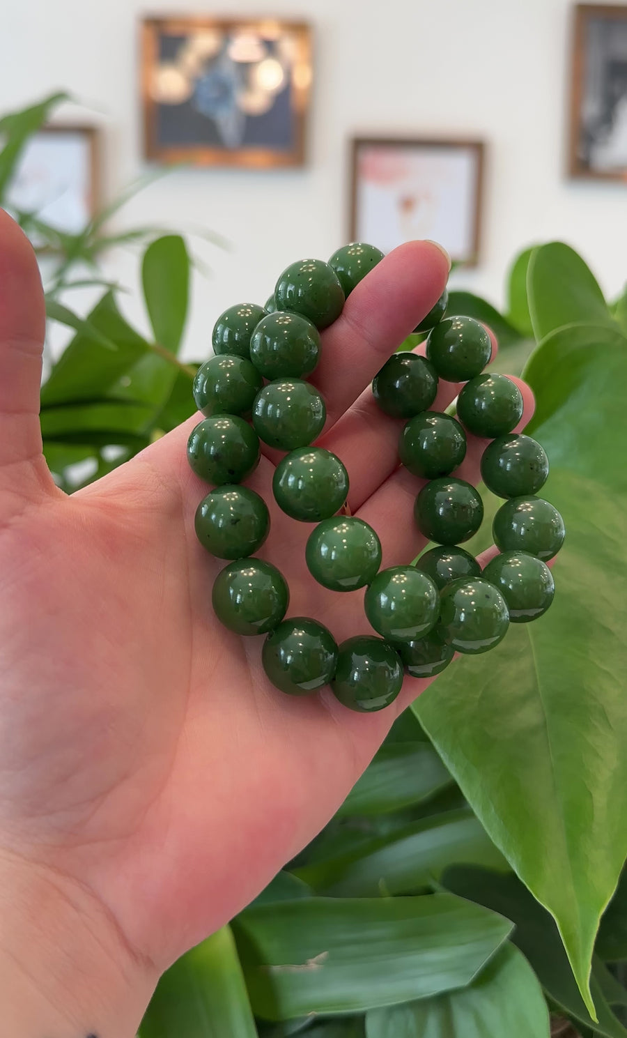High Baikalla Genuine Green Nephrite Jade Large Round Beads Men's Bracelet( 14.8mm )