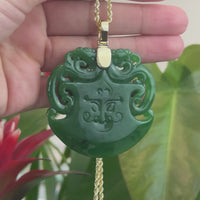 "Dragon & AX" Large 14k Yellow Gold Genuine Apple Green Nephrite Jade Pendant Necklace