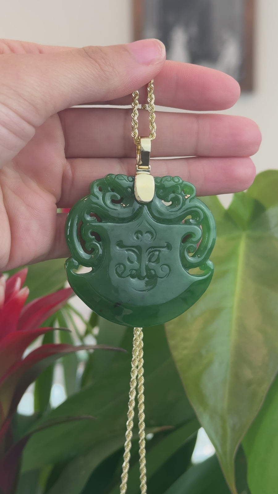 "Dragon & AX" Large 14k Yellow Gold Genuine Apple Green Nephrite Jade Pendant Necklace