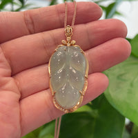 Genuine Ice Jadeite Jade Jin Zhi Yu Ye (Leaf) Necklace With Rose Gold VSI Diamond Bail