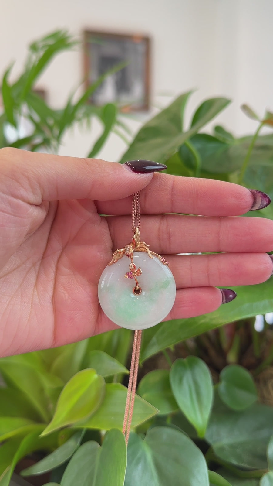 Baikalla™ "Good Luck Birdie" 18k Rose Gold Genuine Burmese Jadeite Lucky Kou Kou Pendant Necklace With Ruby and Diamond