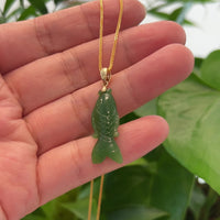 Baikalla™ : " Gold Fish " 14k Yellow Gold Genuine Nephrite Green Jade Pendant Necklace