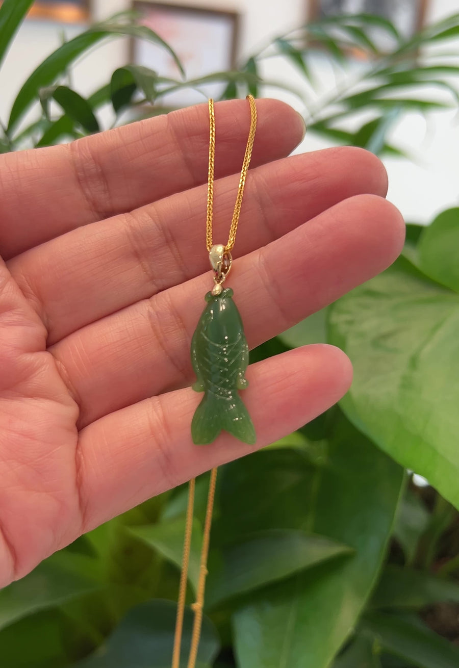Baikalla™ : " Gold Fish " 14k Yellow Gold Genuine Nephrite Green Jade Pendant Necklace