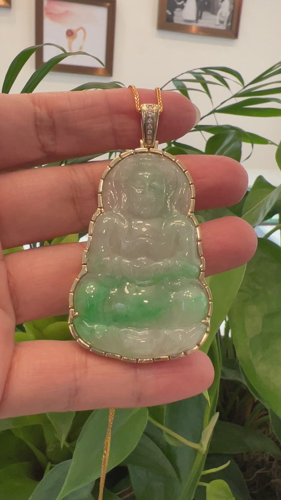 "Goddess of Compassion" 14k Yellow Gold Genuine Burmese Jadeite Jade Guanyin Necklace W/ Good Luck Design
