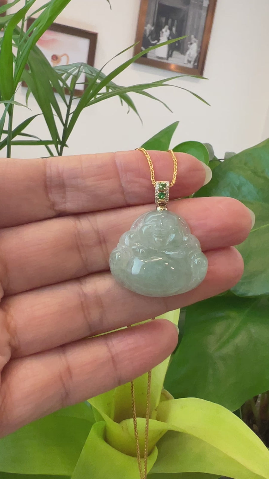 Natural Burmese Jadeite Jade Happy Buddha With 14k Yellow Gold AA Emerald Bail