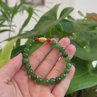 Baikalla Natural Green Nephrite Jade Round Beads Bracelet 24K Pure Yellow Gold Oval Star Charm ( 8 mm )