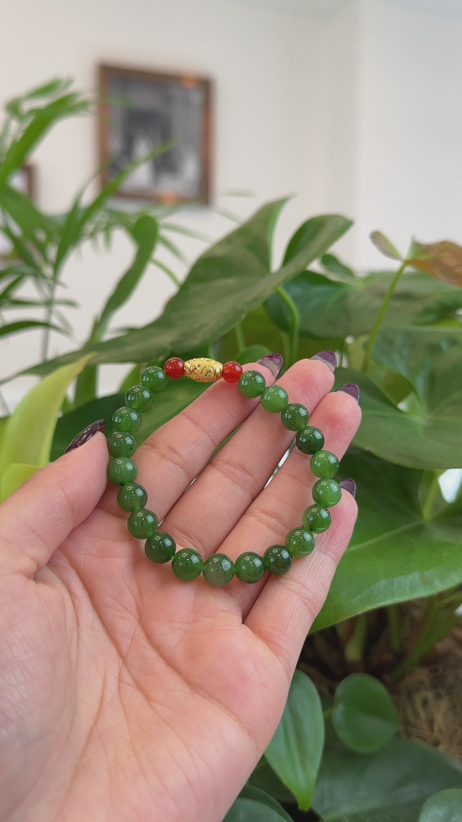 Baikalla Natural Green Nephrite Jade Round Beads Bracelet 24K Pure Yellow Gold Oval Star Charm ( 8 mm )