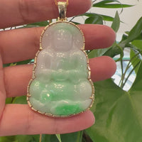 "Goddess of Compassion" 14k Yellow Gold Genuine Burmese Jadeite Jade Guanyin Necklace With Good Luck Design