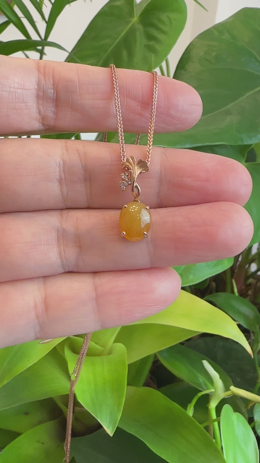 Baikalla™ "Ginkgo Leaf" 18k Rose Gold Jadeite jade Diamond Pendant Necklace