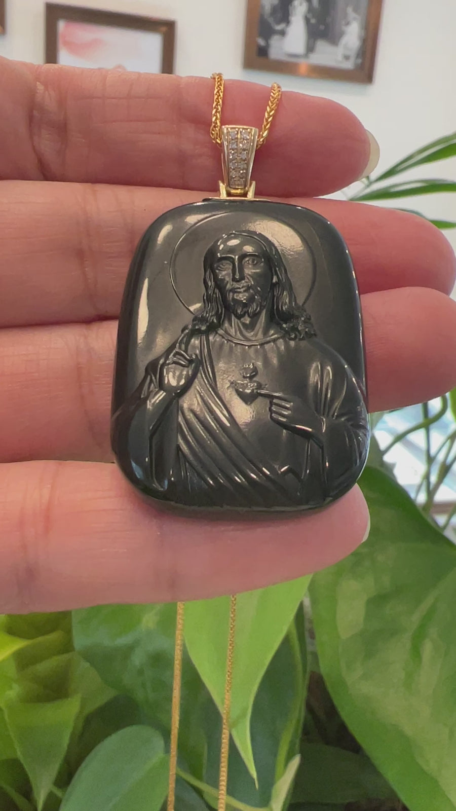 Baikalla™ 14K Yellow Gold Genuine Nephrite Black Jade " Jesus " Pendant Necklace