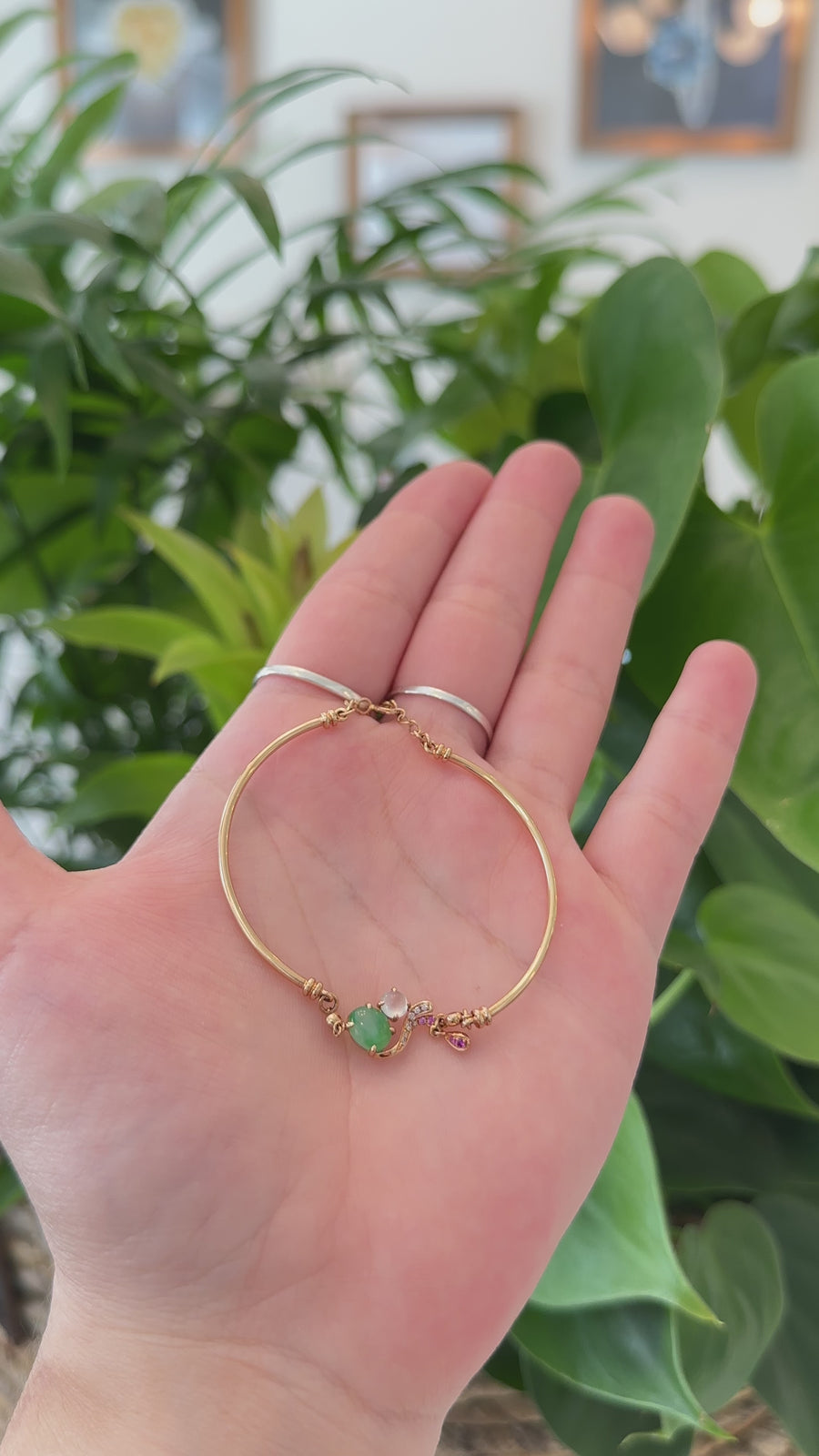 18k Rose Gold "Morning Glory" Half Bracelet Bangle with Green Imperial Jade & Diamonds