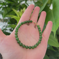 Baikalla High Genuine Fine Green Nephrite Jade Round Beads Bracelet With 18K Yellow Gold Clasp ( 6mm )