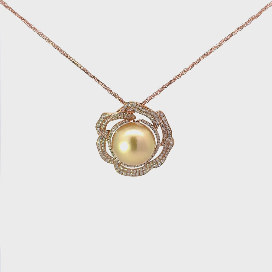 Baikalla Jewelry™ High-end 18k Gold Round Golden South Sea Cultured Pearl & Diamond Pendant Necklace AAA Quality