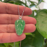 Genuine Ice Jadeite Jade Jin Zhi Yu Ye (Leaf) Necklace With 18k Gold & VSI Diamond Bail