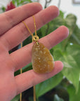 Genuine Burmese Honey Yellow Jadeite Jade Nine Tailed Fox Pendant Necklace With 18K Gold Bail
