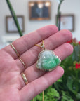 Baikalla Natural Vibrant Green Patch Jadeite Jade "Happy Buddha" Pendant W/ 14K Yellow Gold & Natural Diamond Bail