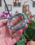 Baikalla Natural Deep Blue-Green Flower Jadeite Jade "Half Round" Bangle Bracelet (55.5mm) 