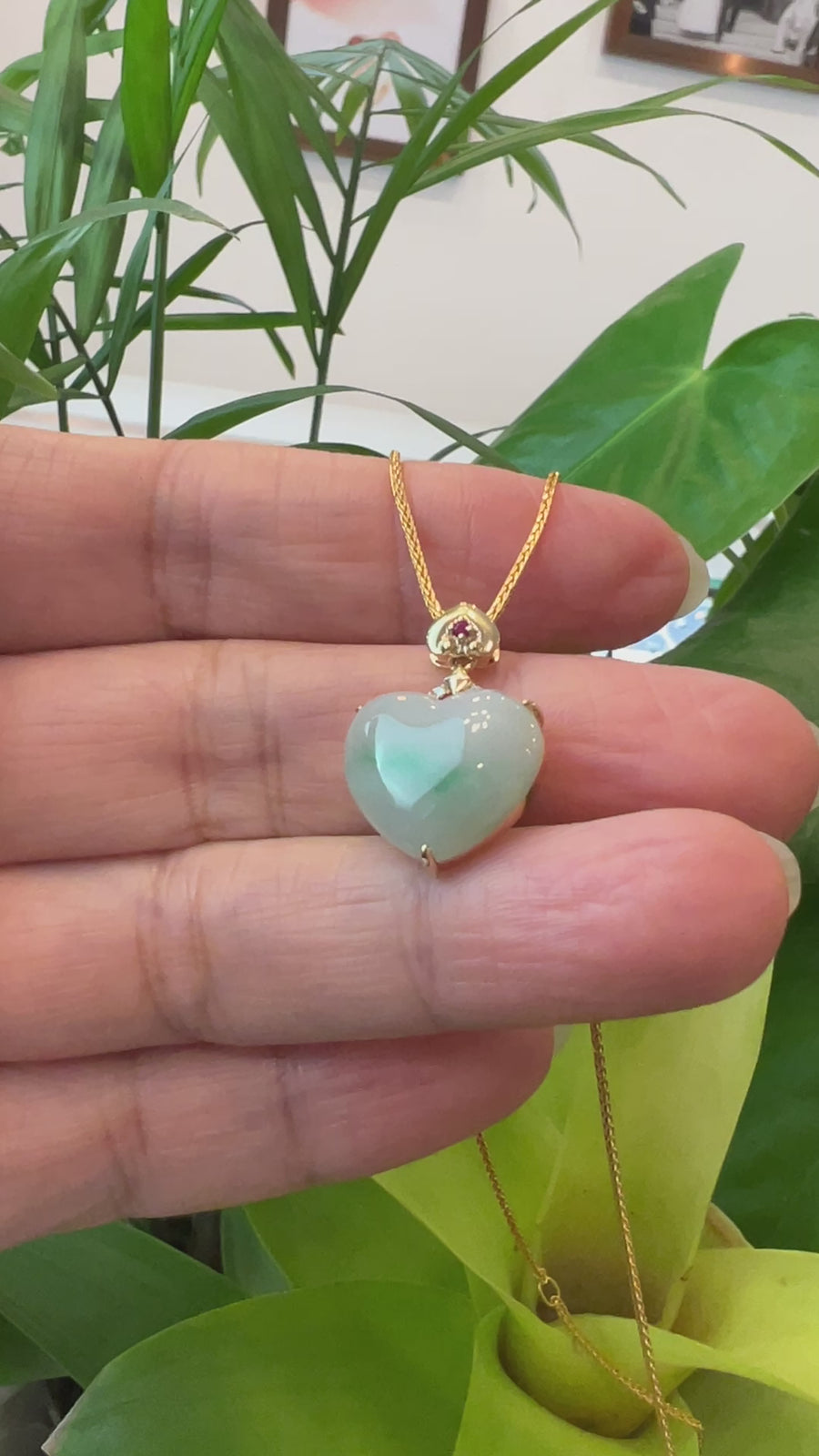 Baikalla 14K Yellow Gold Genuine Burmese Green Jadeite Jade Heart Pendant with VS1 Diamonds High Jewelry