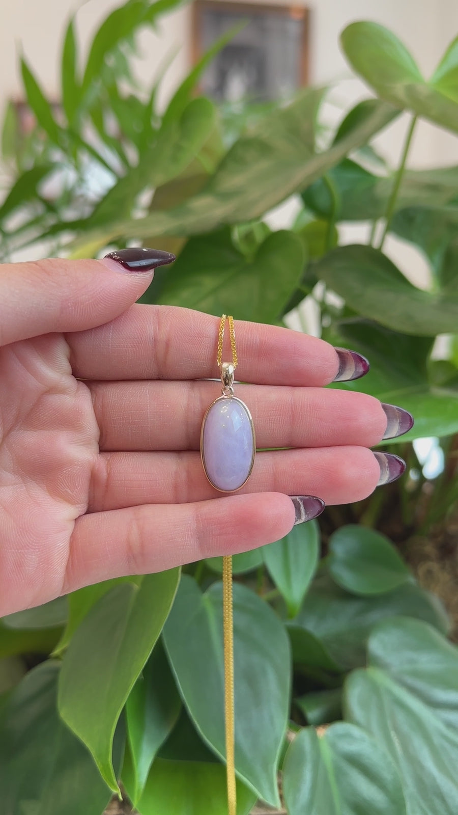 14K Gold Natural Lavender Burmese Jadeite Cabochon Necklace