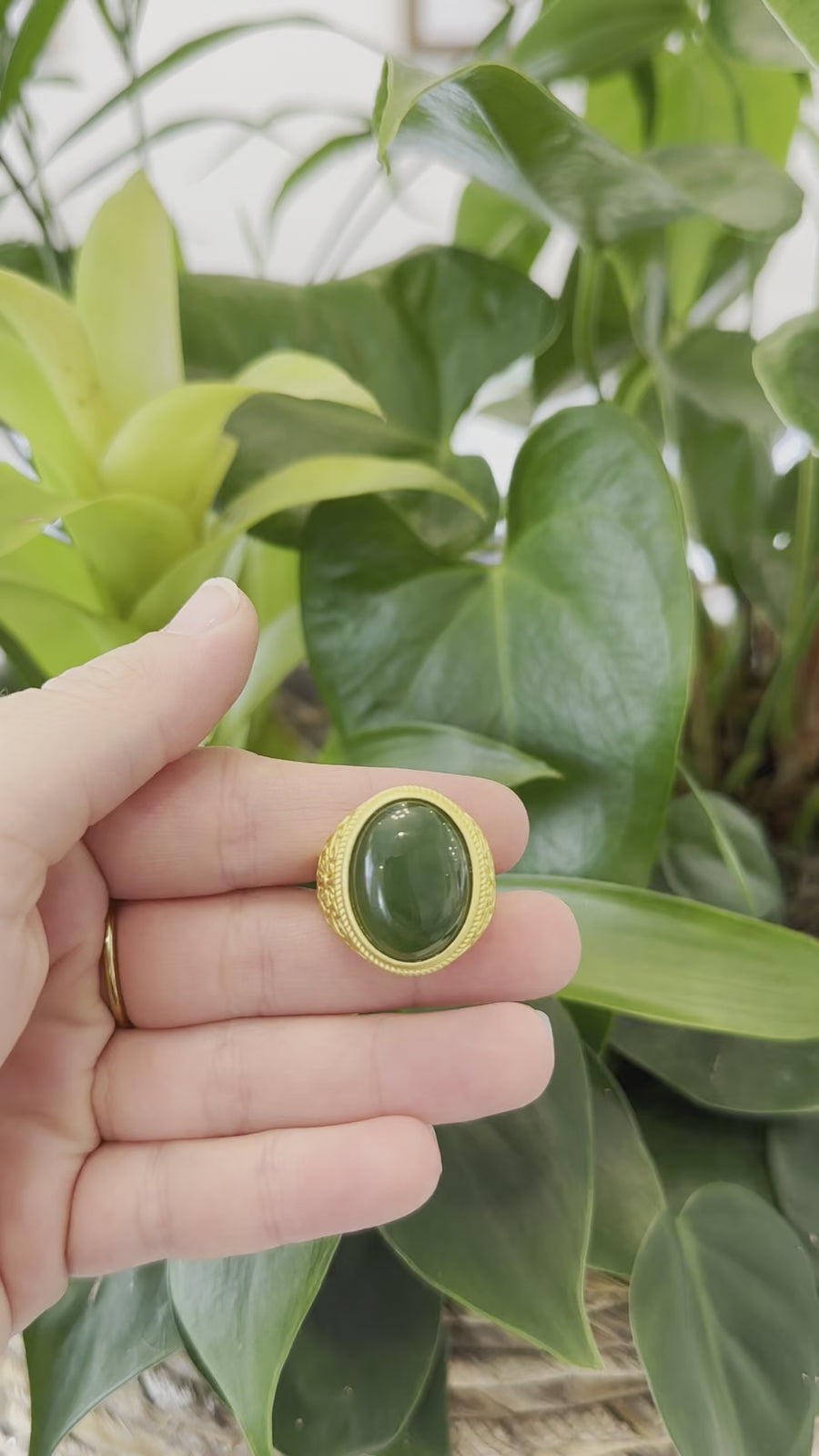 Baikalla Gold Plated Sterling Silver Green Nephrite Jade Men's Fancy Signet Ring