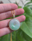 14K Yellow Gold "Good Luck Button" Necklace Green Jadeite Jade Lucky KouKou Pendant Necklace