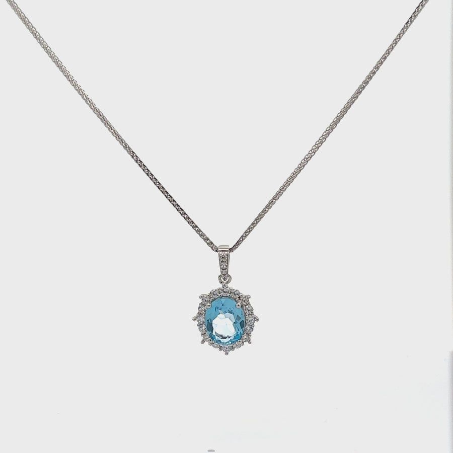 Sterling Silver Natural Topaz Large Pendant Necklace With CZ