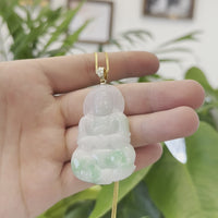Goddess of Compassion" 14k Yellow Gold Genuine Burmese Jadeite Jade Guanyin Necklace With Good Luck Design
