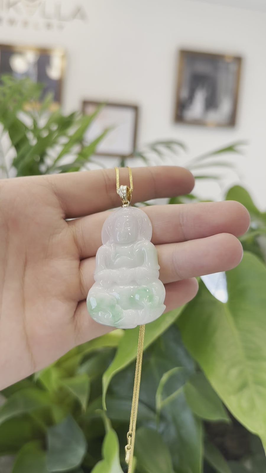 Goddess of Compassion" 14k Yellow Gold Genuine Burmese Jadeite Jade Guanyin Necklace With Good Luck Design