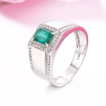 Baikalla Jewelry Gold Men's Rings 18k White Gold Natural 0.65 ct Emerald Men's Halo Ring with Diamonds