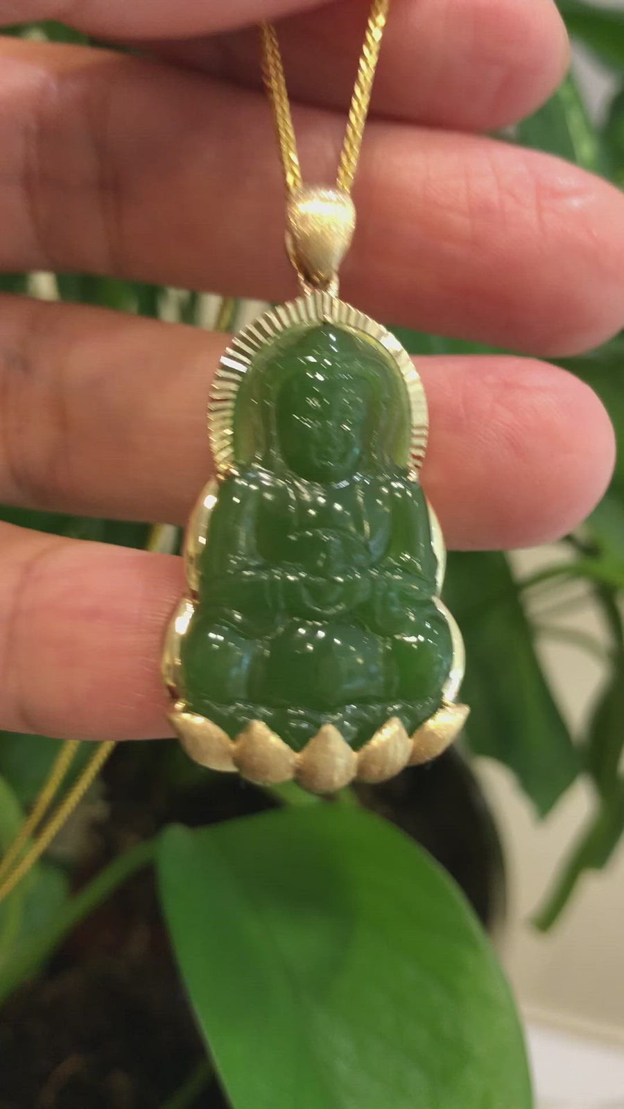 Baikalla™ 14K Yellow Gold Genuine Nephrite Green Jade GuanYin Pendant Necklace
