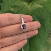 14k White Gold Lab Created Alexandrite Faceted Oval Prong Set Necklace With Diamonds